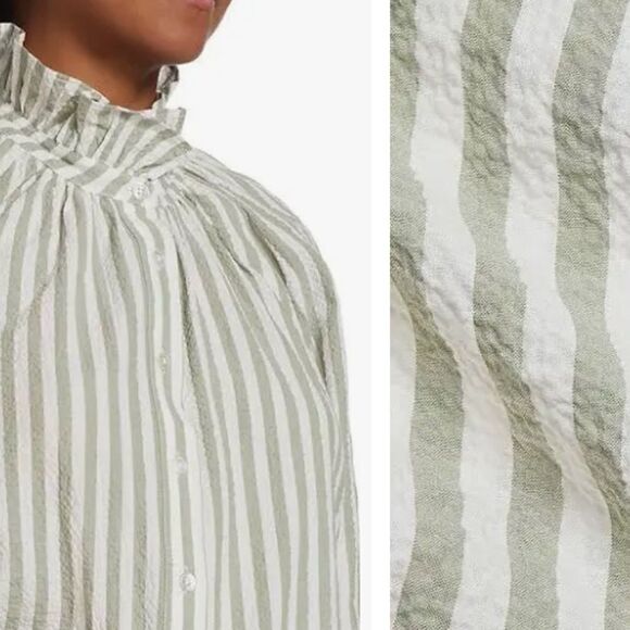 Veronica Beard NWT Calisto Green & Cream Striped Ruffle Collar Shirt $298 - Picture 9 of 12